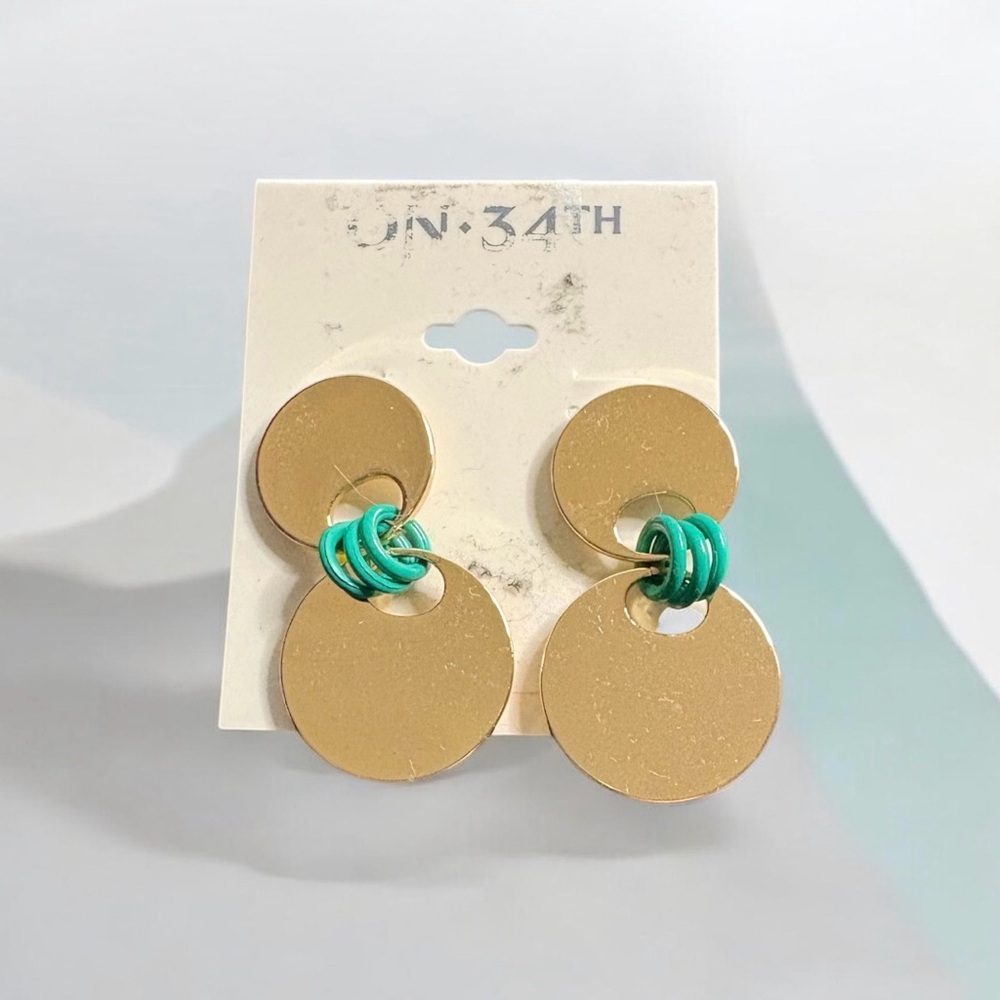 In 34th Gold and Green Circular Dangle Earrings
